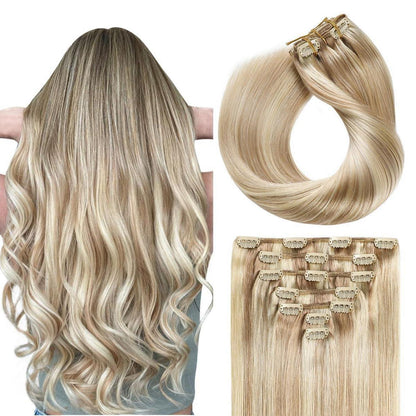 Echthaar Clip-In Extensions Gerade #P18/613 Aschblond mit Bleichblond