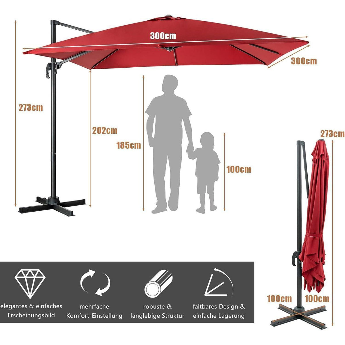 Ampelschirm Ø300cm Weinrot mit Kurbel & 360° Drehung