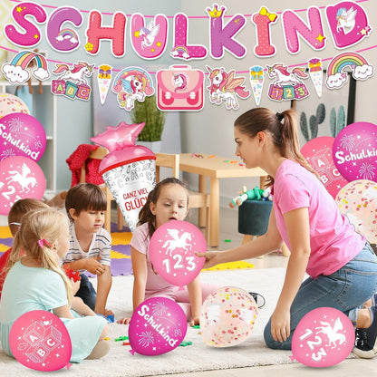 Einhorn Schulanfang Deko Einschulung Mädchen Junge Banner Girlande Ballons