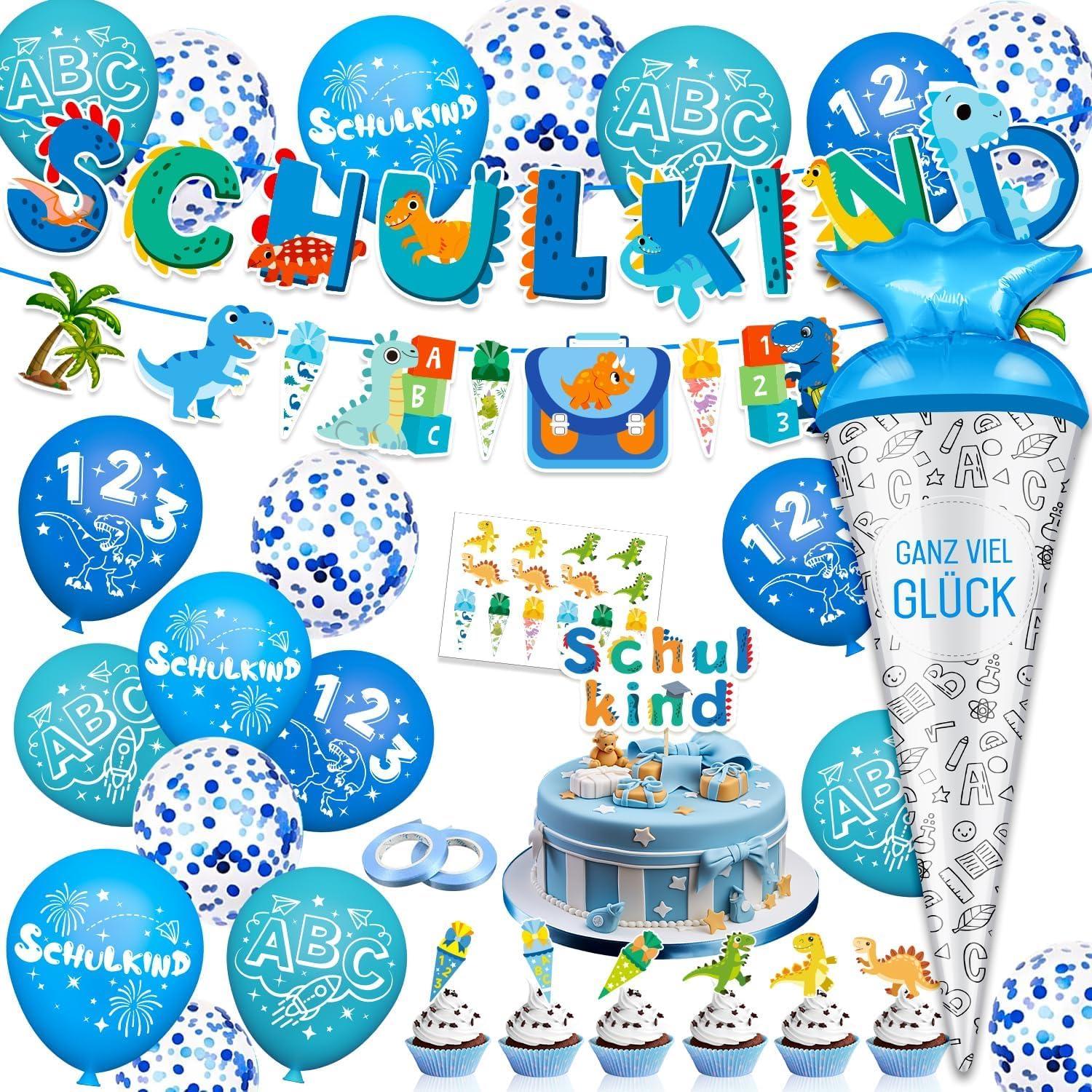 Dinosaurier Einschulung Deko Set Blau ABC 123 Luftballons & Tortendeko