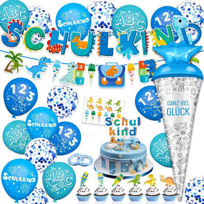Dinosaurier Einschulung Deko Set Blau ABC 123 Luftballons & Tortendeko