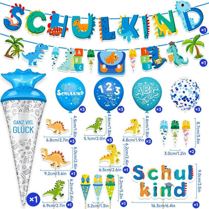 Maqhpu Dinosaurier Einschulung Deko Set Blau mit Schultüte