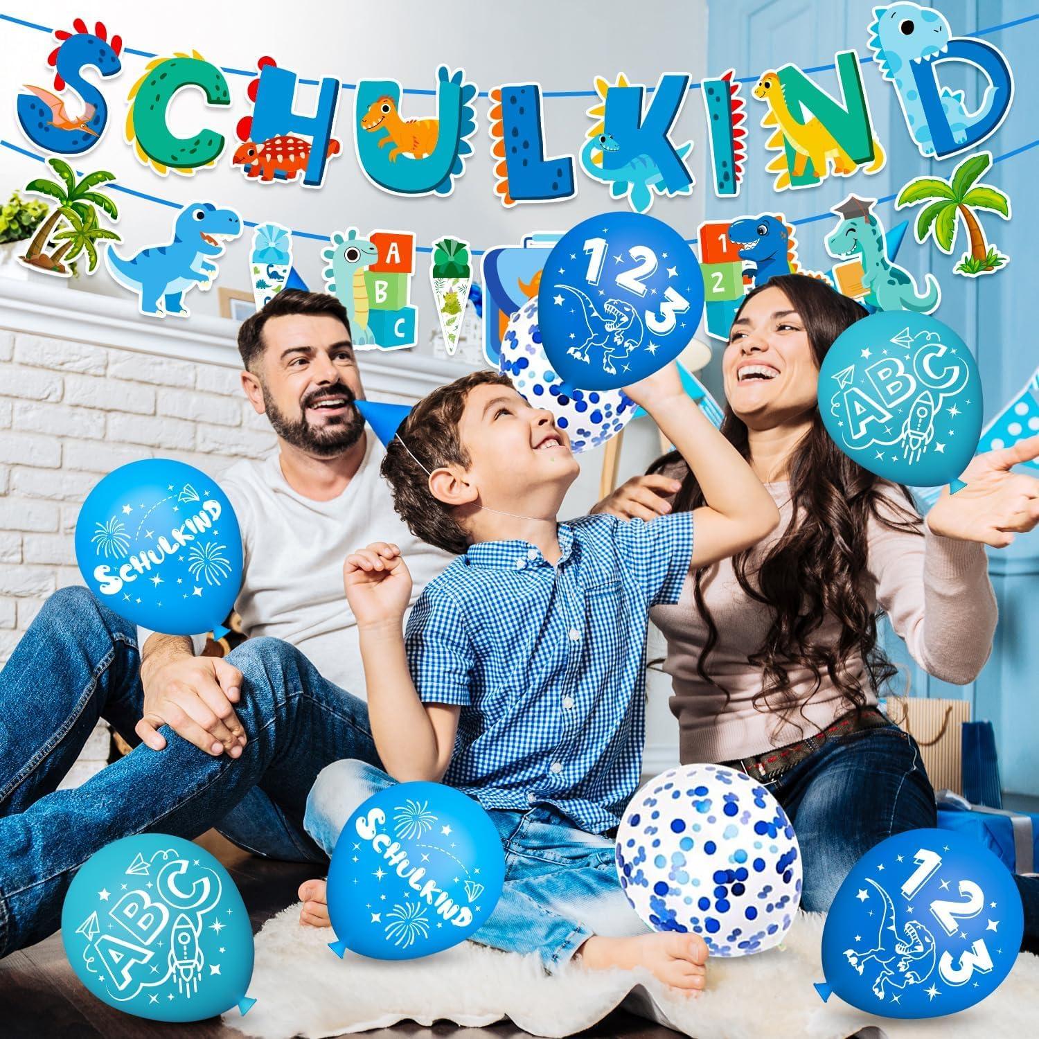 Dinosaurier Einschulung Deko Set Schulanfang Mädchen Junge Luftballons Blau