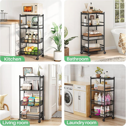 Küchenregal 4 Ebenen, abnehmbare Körbe, 4 Räder, verstellbar, Metall
