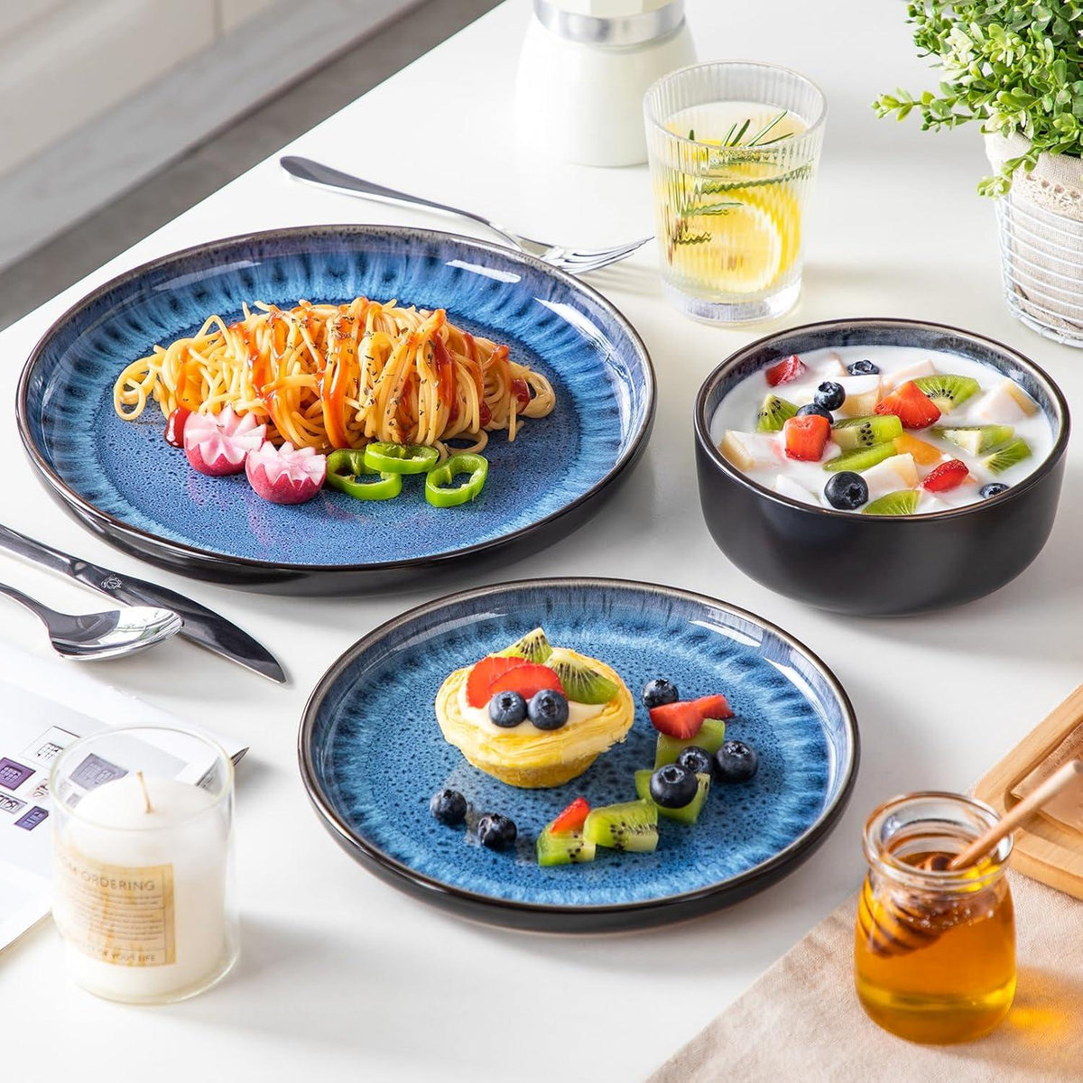 Tafelservice 6 Personen 18tlg Geschirrset aus Steingut Blau