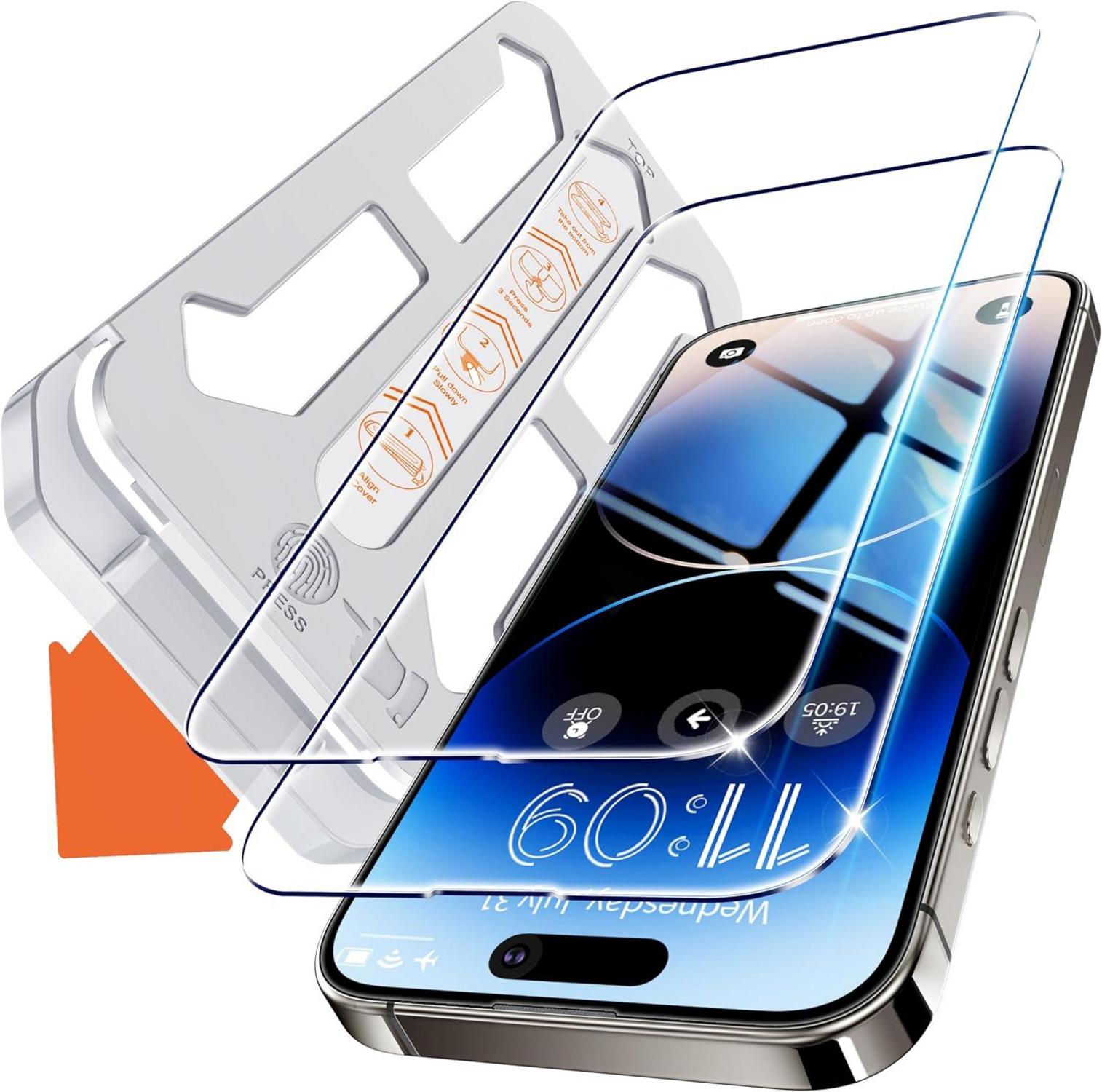 Panzerglas für iPhone 14 Pro Max, 2er Pack, 9H Härte, Blasenfrei