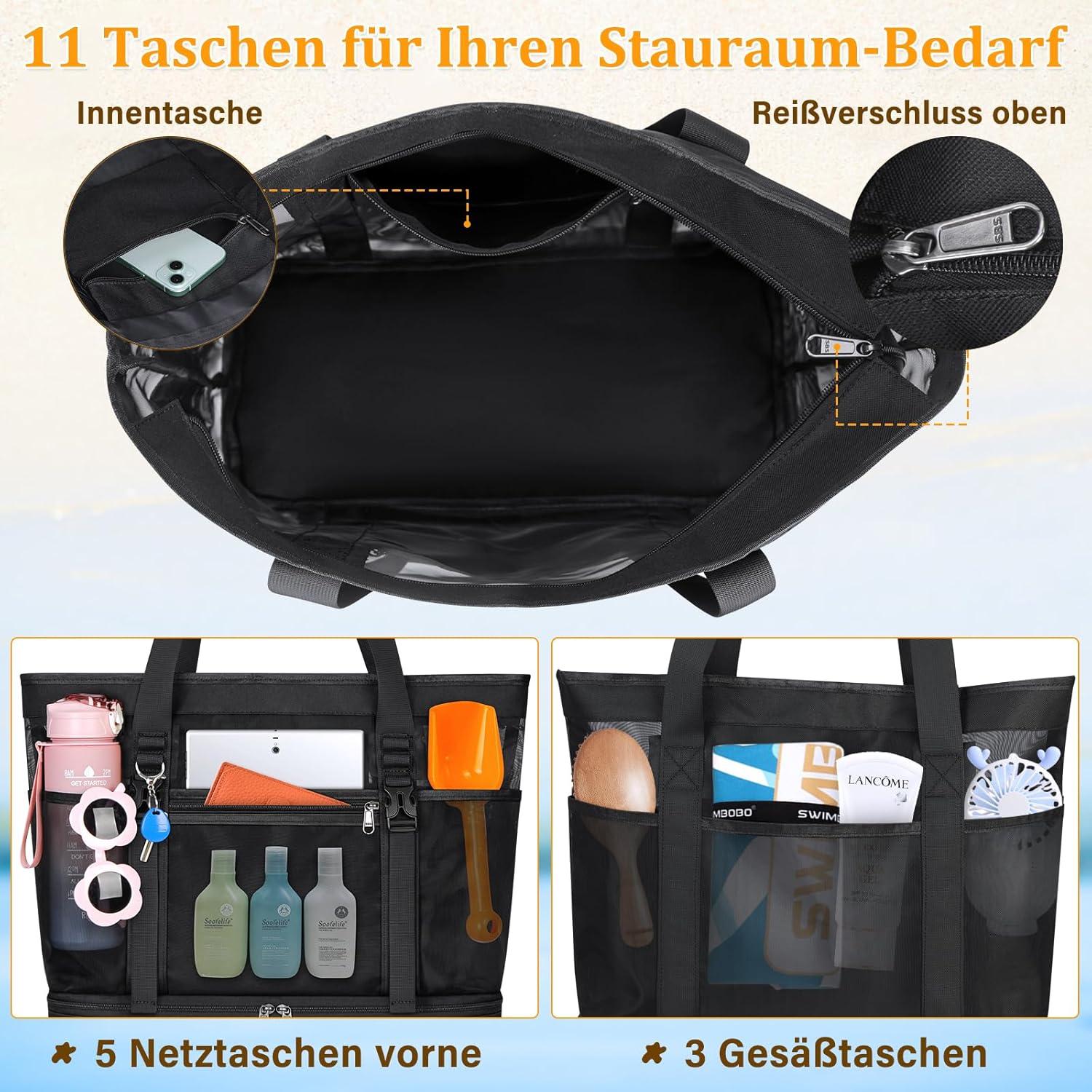RAINSMORE Strandtasche XXL Familie mit Reißverschluss 42L Badetasche Damen Groß - Wasserdicht für Shopper Strand Pool Fitnessstudio