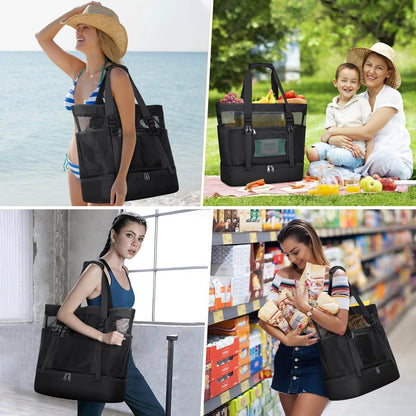 Strandtasche XXL 42L Damen Reißverschluss Beach Bag mit Nass-Trockenfach