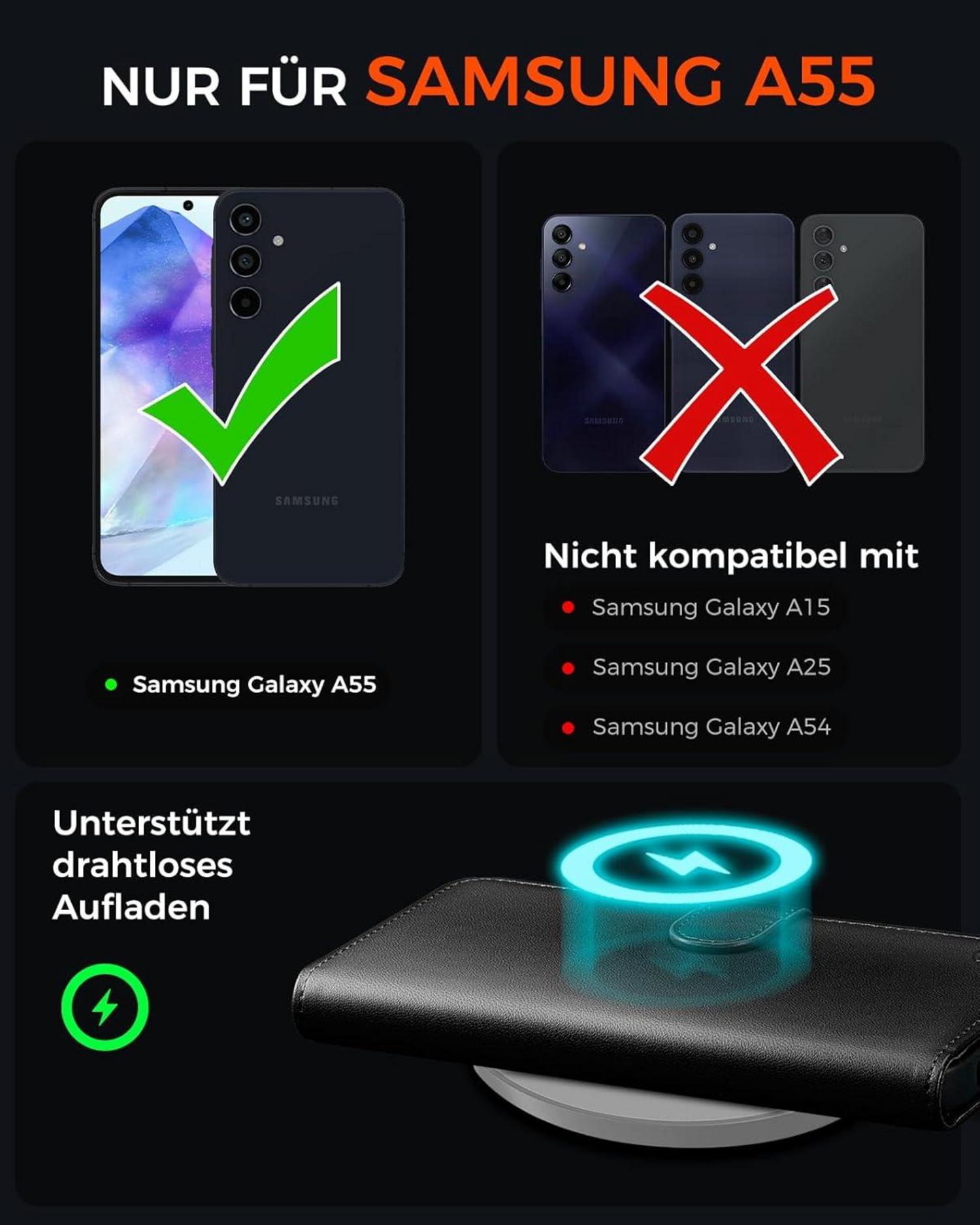 Handyhülle Samsung Galaxy A55 Schwarz Leder Kartenfächer Magnet