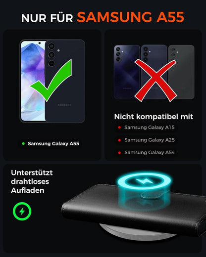 Handyhülle Samsung Galaxy A55 Schwarz Leder Kartenfächer Magnet