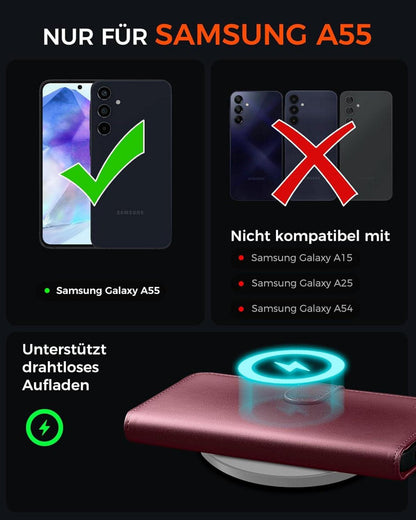 Handyhülle Samsung Galaxy A55 5G Weinrot mit RFID Kartenfächer Magnet