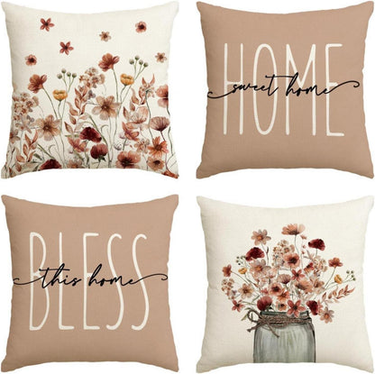 Artoid Herbst Kissenbezüge Blumen Blätter Vase 4er Set 40x40 cm Braun