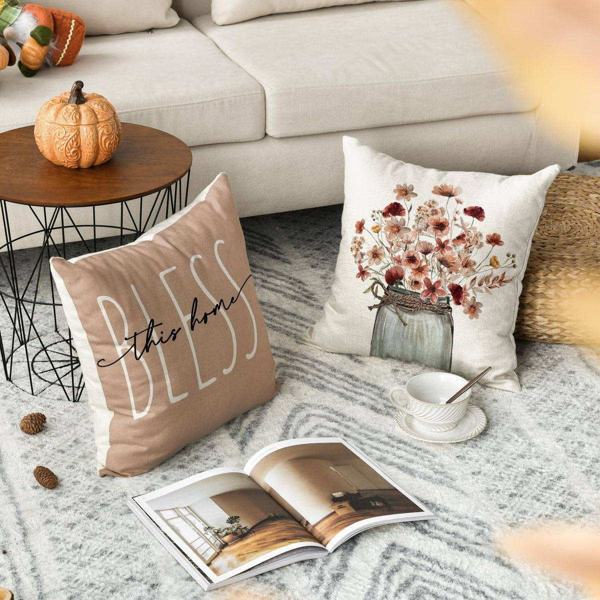 Herbst Kissenbezüge 4er Set Blumen Blätter Deko 40x40 cm Sofa Couch