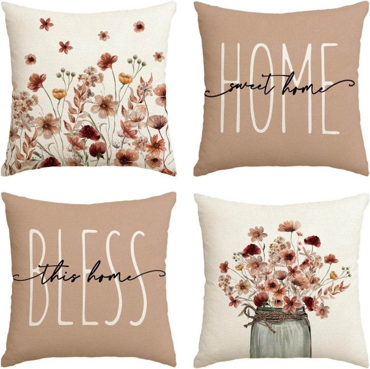 Herbst Kissenbezüge Blumen Blätter Vase 4er Set 50x50 cm Braun
