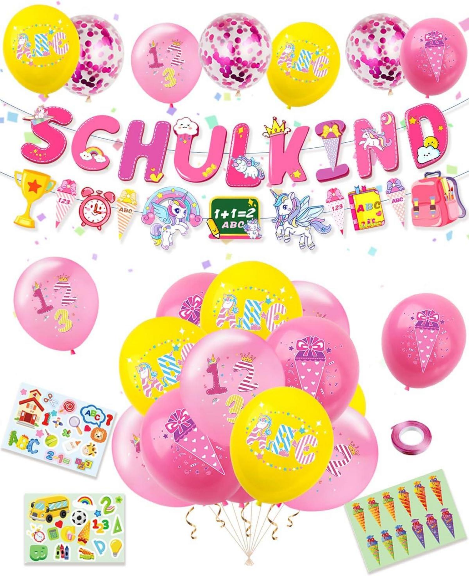 Einschulung Deko Mädchen Einhorn Schulkind Banner Luftballons