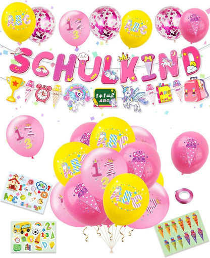 Einschulung Deko Mädchen Einhorn Schulkind Banner Luftballons