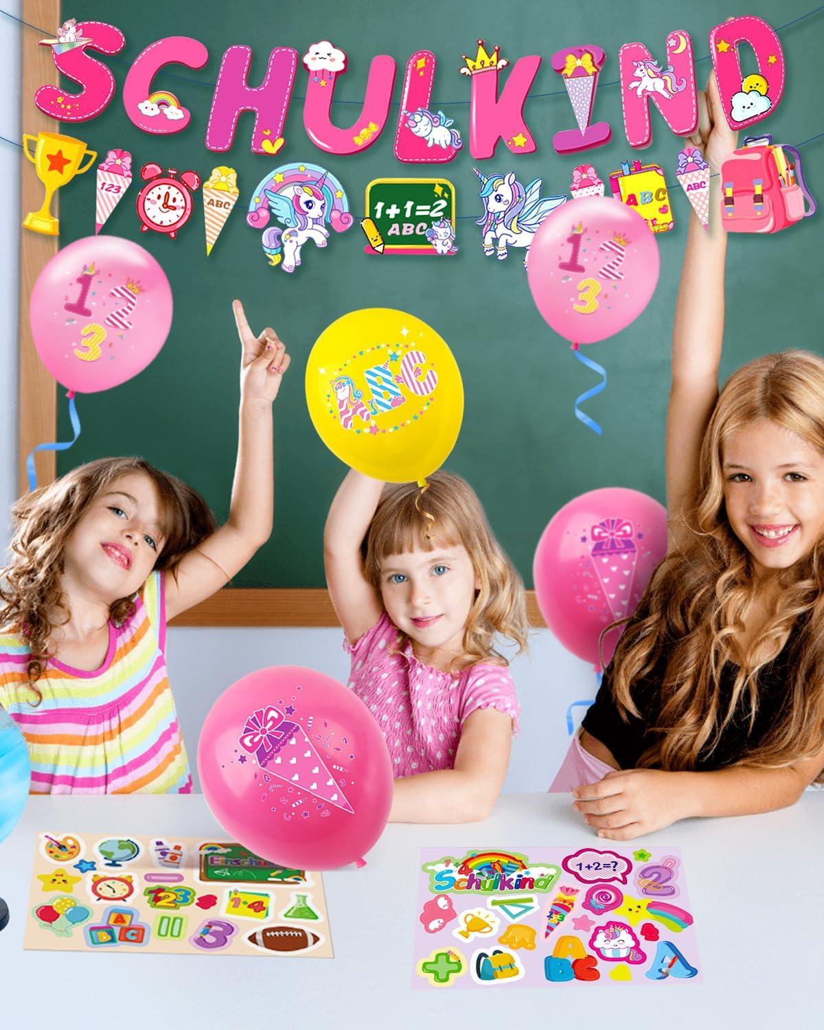 Einschulung Deko Mädchen Schulkind Einhorn Zuckertüte ABC Luftballons Schulanfang Rosa