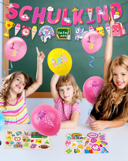 Einschulung Deko Mädchen Schulkind Einhorn Zuckertüte ABC Luftballons Schulanfang Rosa