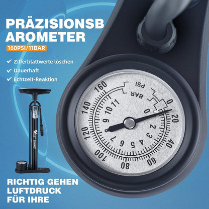 Hochleistungs-Fahrradpumpe mit Manometer 160 PSI/11Bar - Alle Ventile