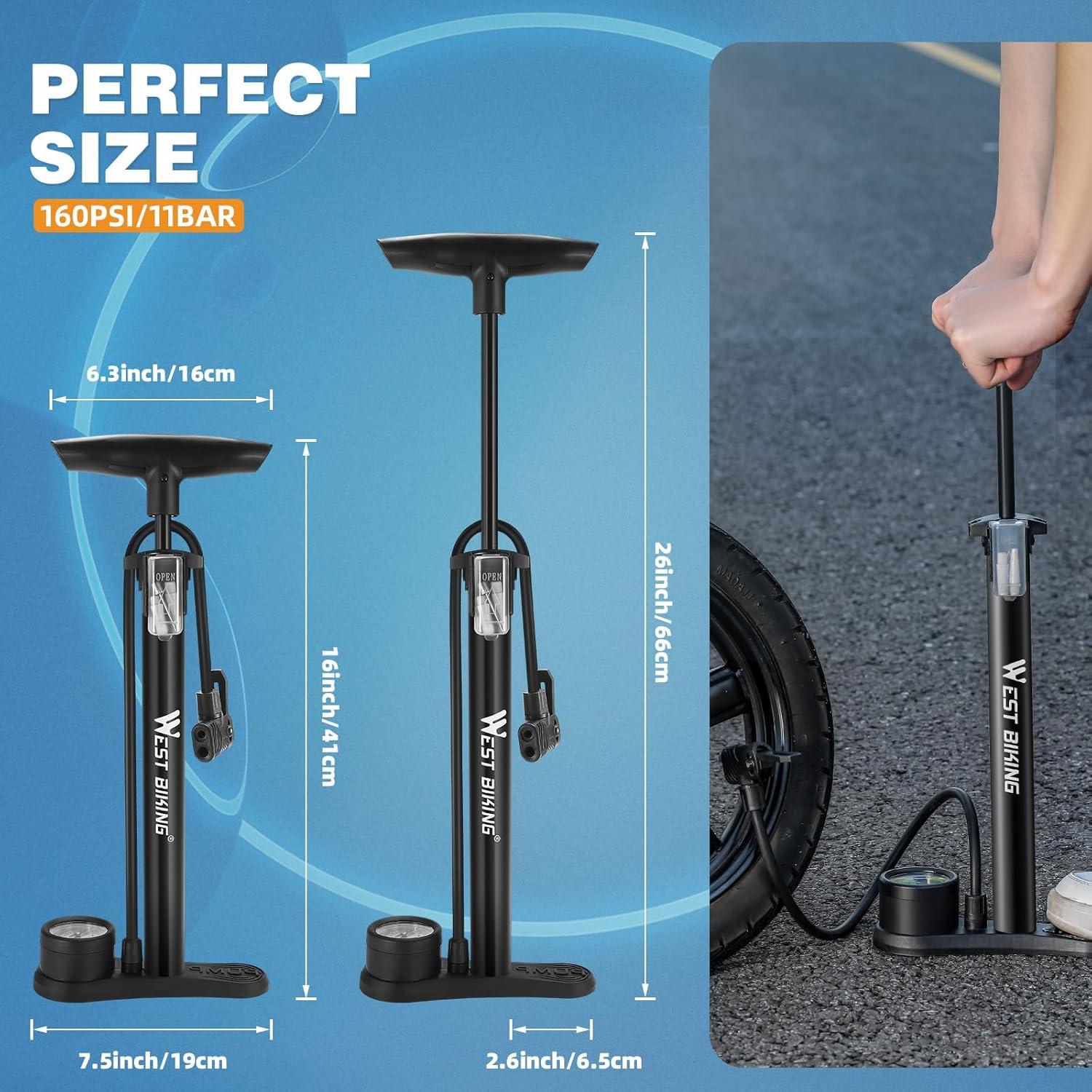 Fahrradpumpe mit Manometer 160PSI/11Bar, Standluftpumpe - Rennrad, E-bike, Mountainbike
