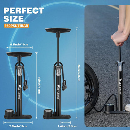 Fahrradpumpe mit Manometer 160PSI/11Bar, Standluftpumpe - Rennrad, E-bike, Mountainbike
