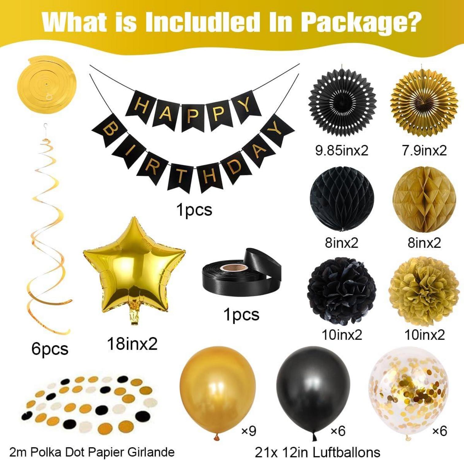 Schwarze Gold Geburtstagsdeko Luftballons Banner Pompons