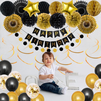 Geburtstagsdeko Schwarz Gold Party Deko Luftballons Pompons für