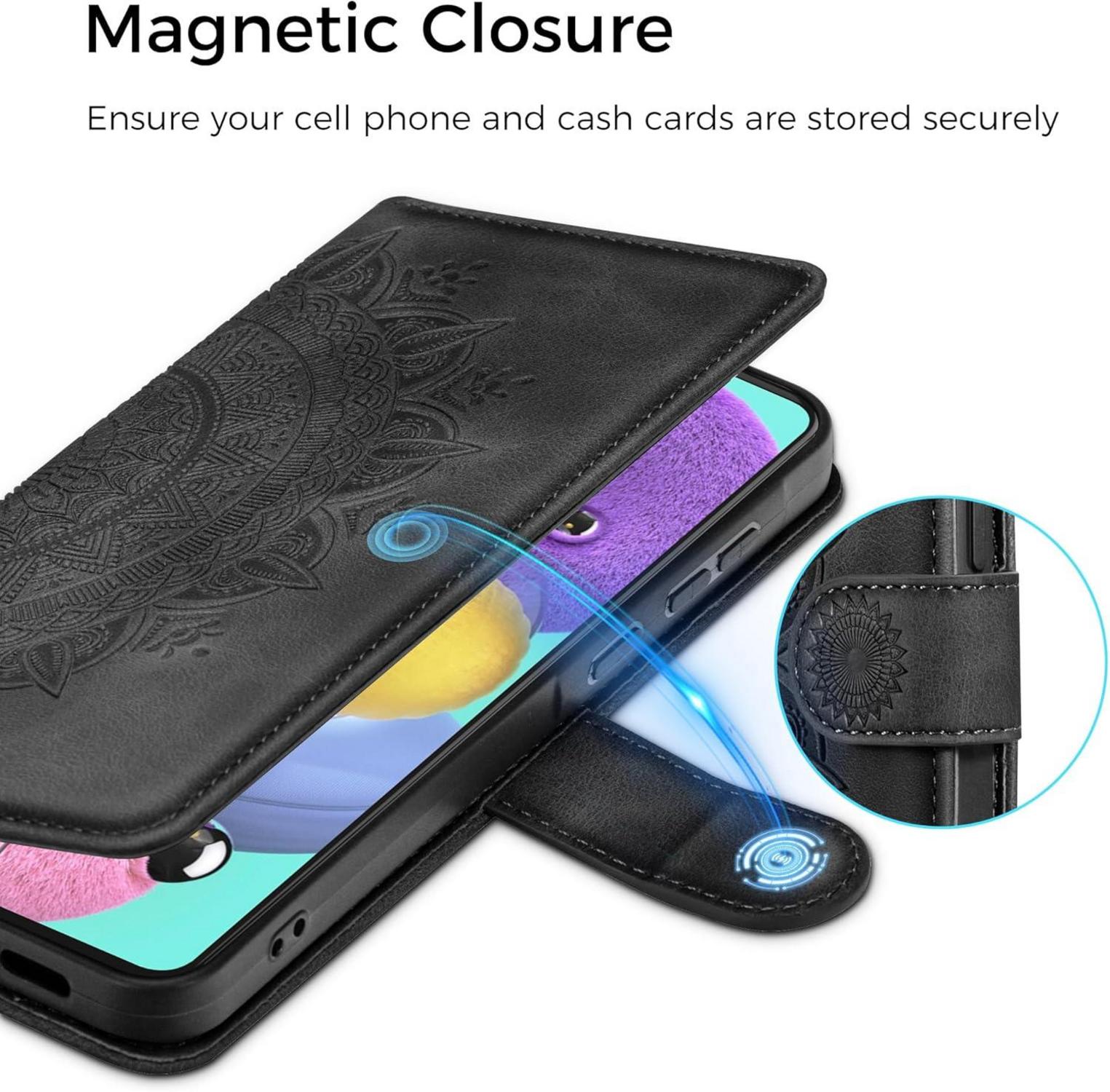 Schwarze PU Lederhülle Samsung Galaxy A51 Wallet Case Magnet Standfunktion