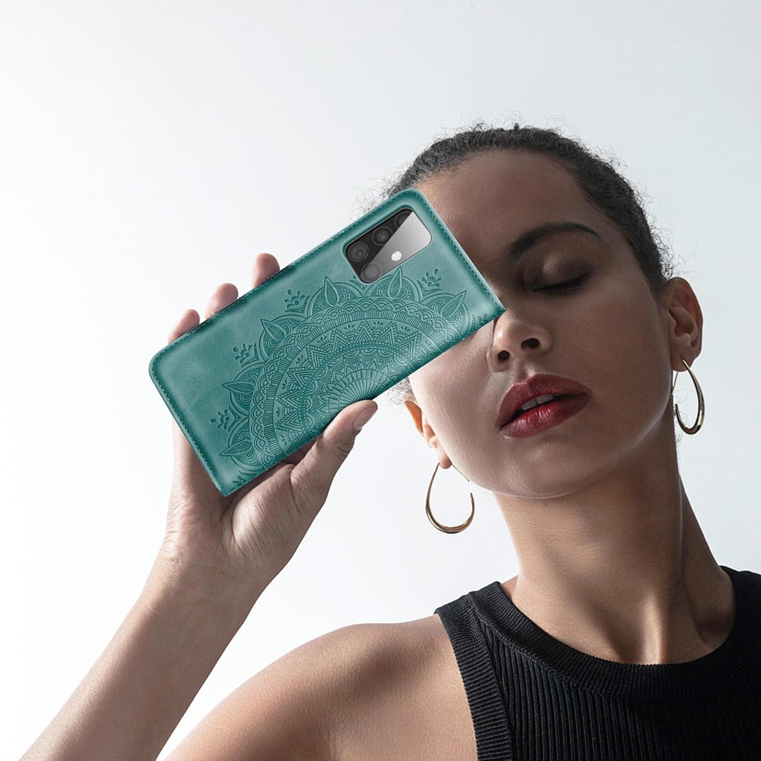 Samsung Galaxy A51 Lederhülle Flip Wallet Case Grün mit Kartenfach