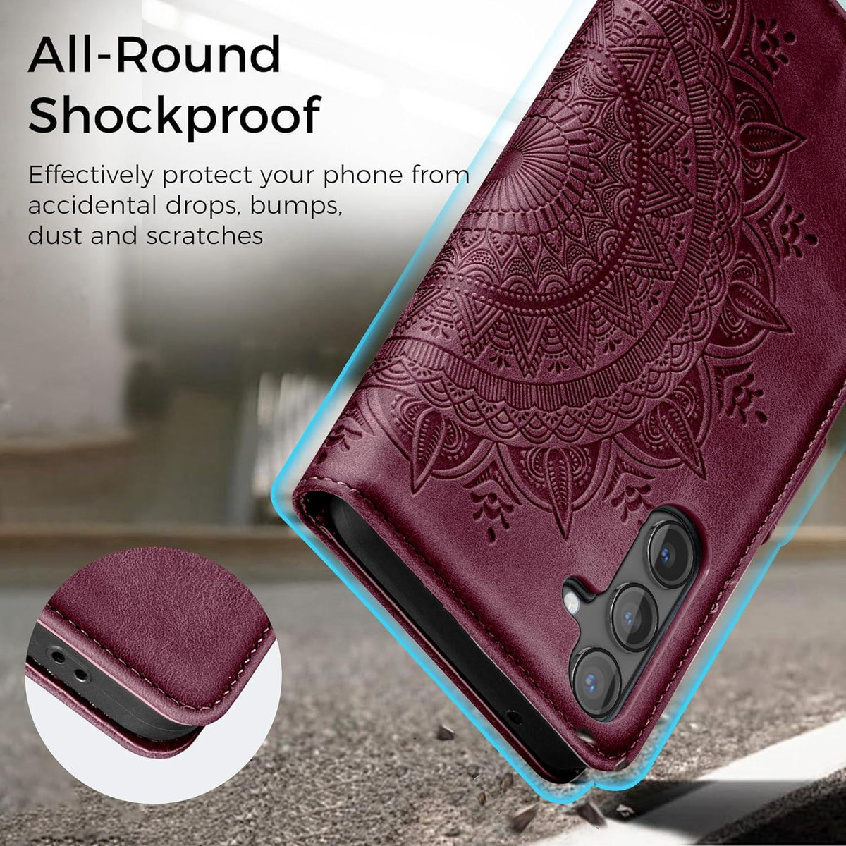 Samsung Galaxy S24 5G Hülle Weinrot Prägung Leder Wallet Case