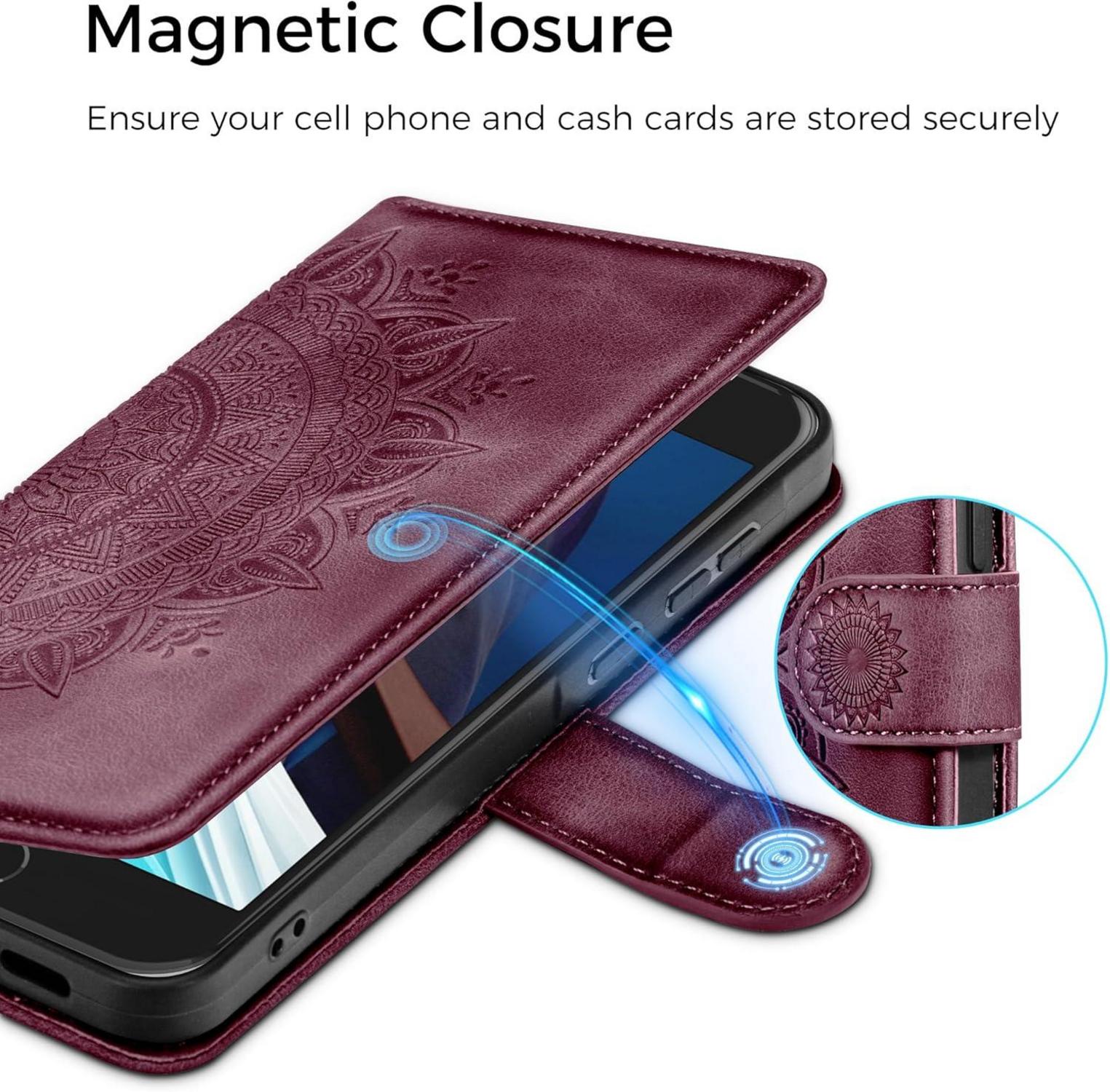 Handyhülle iPhone SE 2022/2020 7/8 Weinrot Leder Flipcase Magnet Ständer Klapphülle