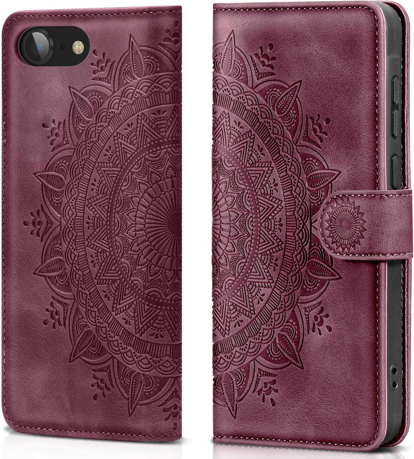 Handyhülle iPhone SE 2022/2020 7/8 Weinrot Leder Flipcase Magnet Ständer Klapphülle