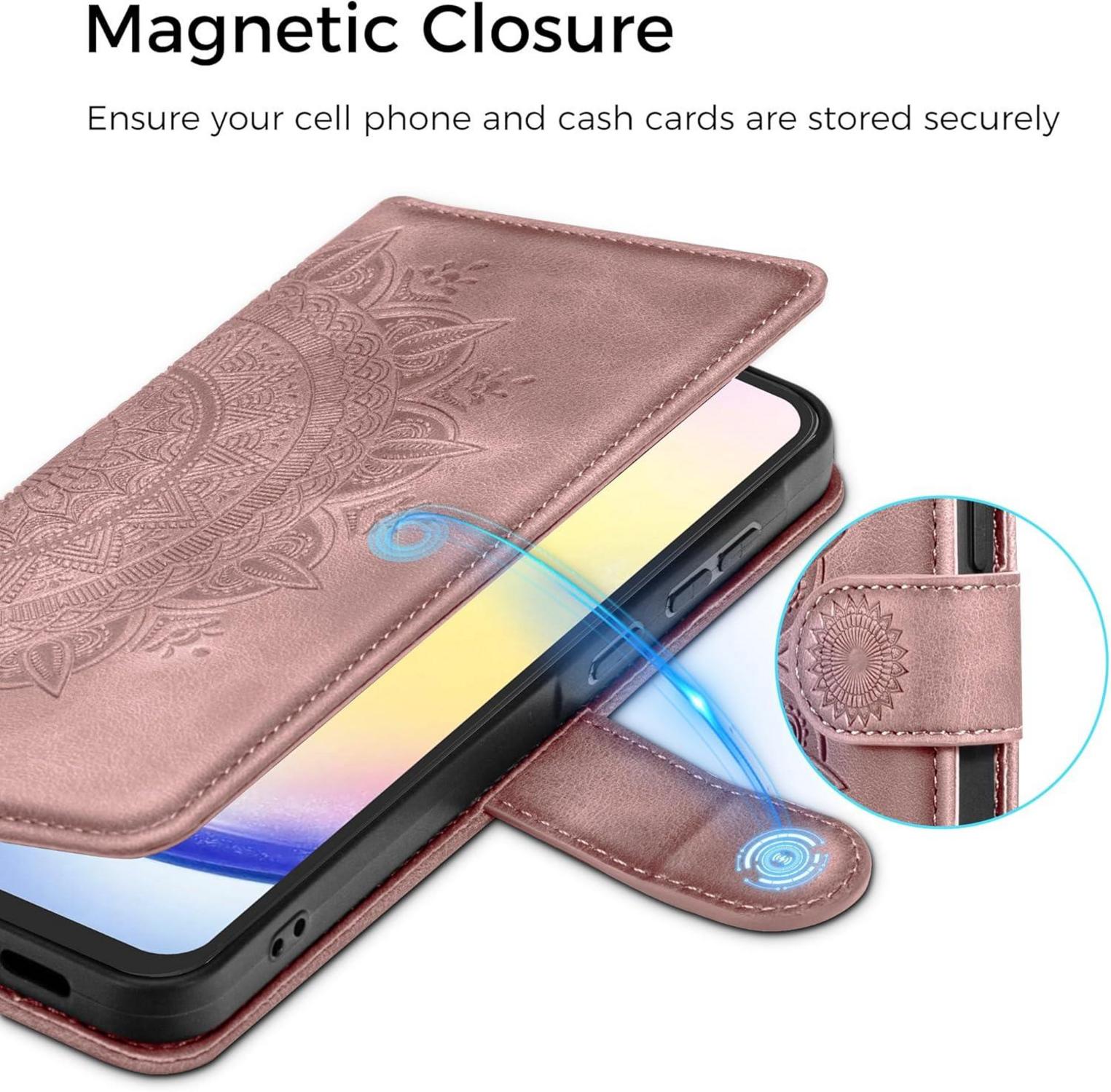 EASDNB Samsung Galaxy A25 Leder Flip Wallet Hülle Rosa Schutzhülle Standfunktion