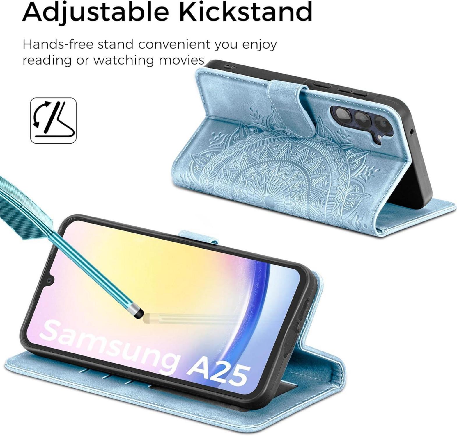 EASDNB Samsung Galaxy A25 Lederhülle Himmelblau Standfunktion Magnet Wallet Case