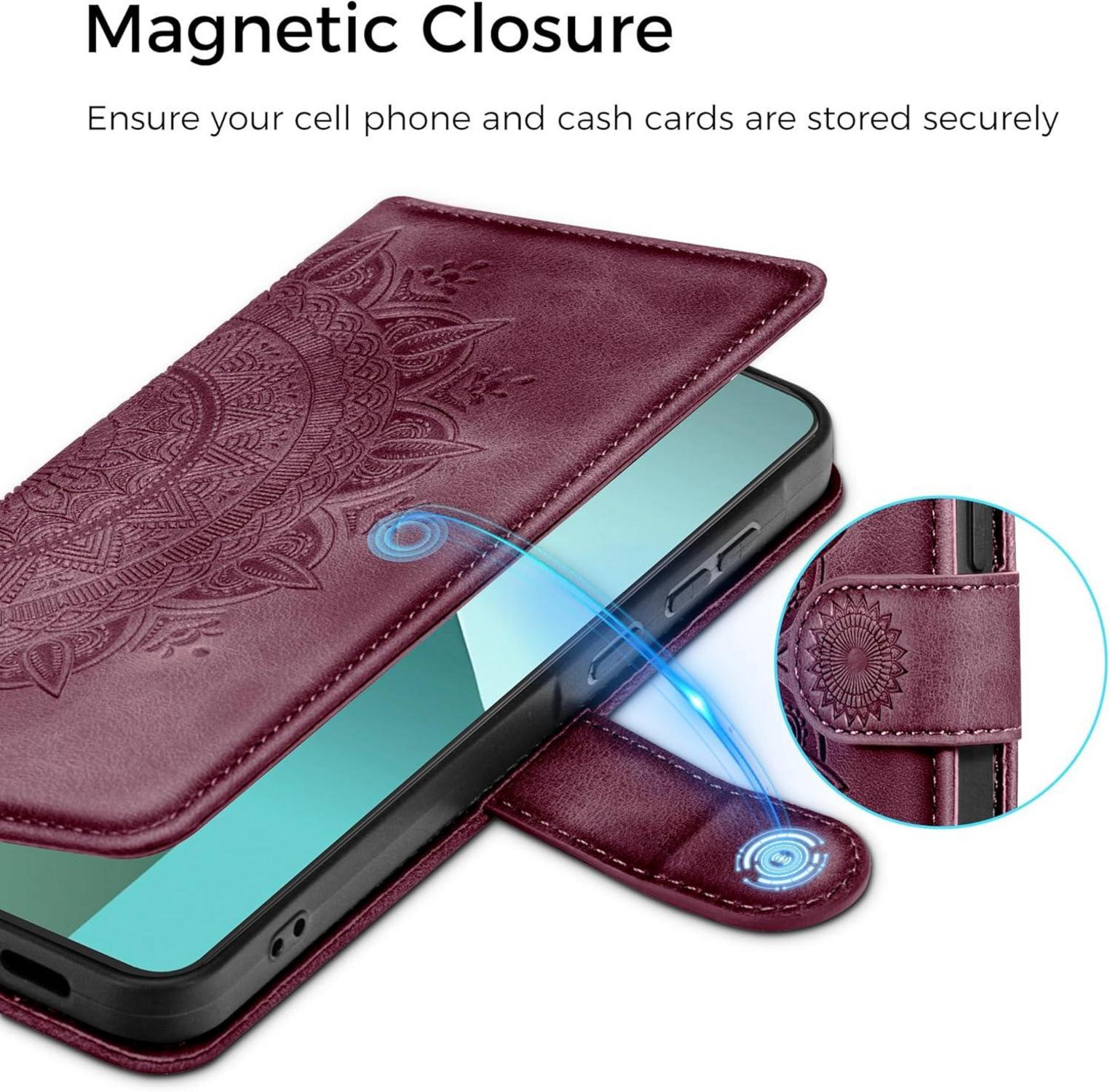 Handyhülle Xiaomi Redmi Note 13 Pro 5G Wallet Case PU Leder Weinrot