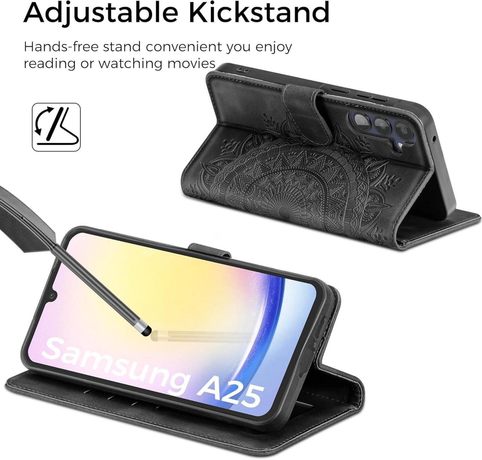 Samsung Galaxy A25 Leder Flip Wallet Hülle Schwarz Magnet Standfunktion