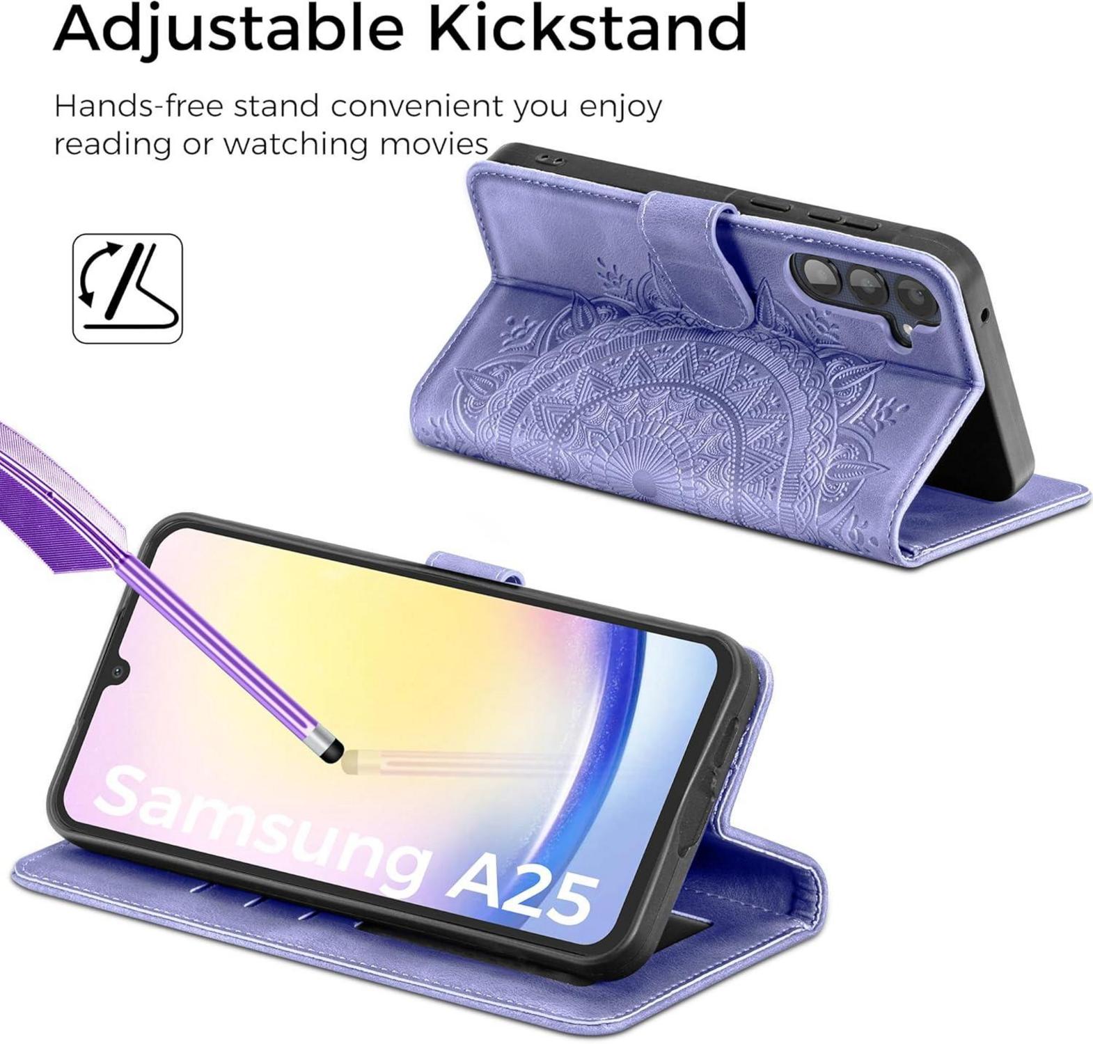 Samsung Galaxy A25 Lederhülle, Flip Wallet Case mit Standfunktion, Kartenfach, Magnet in Lila