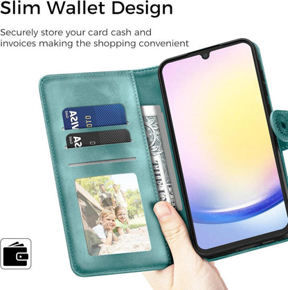 Samsung Galaxy A25 Lederhülle Wallet Case Grün Magnet Standfunktion