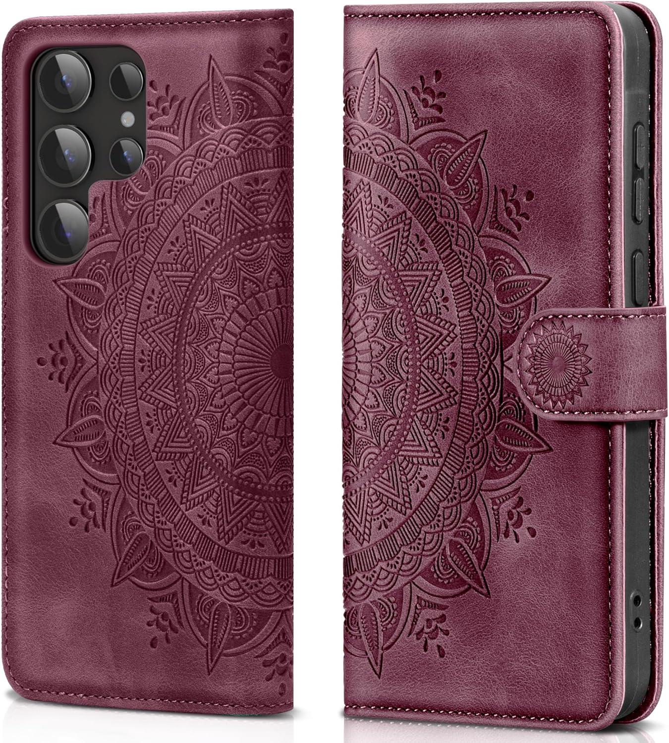 Handyhülle für Samsung Galaxy S24 Ultra - Flip Wallet Tasche mit Standfunktion und Kartenfach - Weinrot