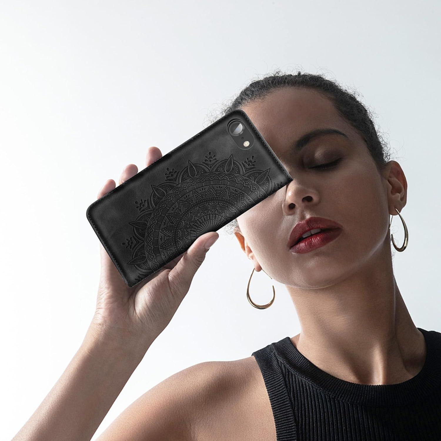 iPhone SE 2022/2020 Handyhülle Leder Flip Case Schwarz Magnet Ständer