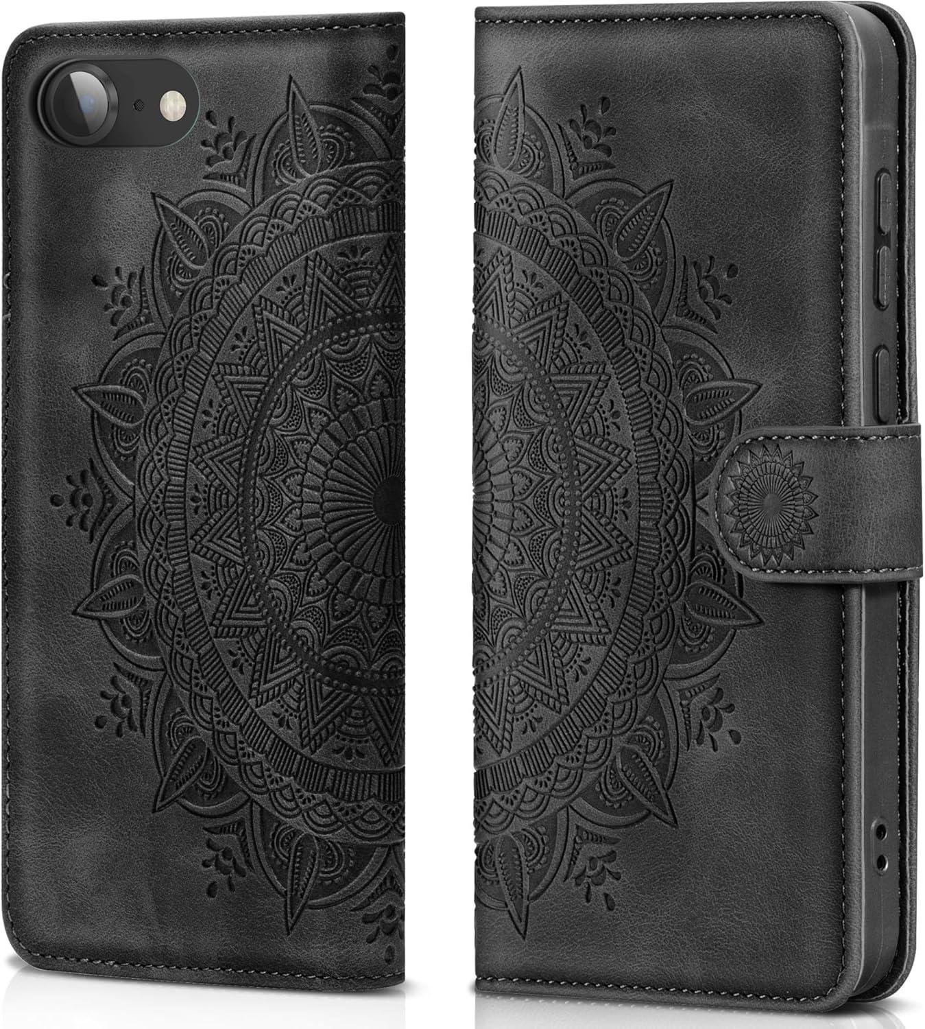 Handyhülle für iPhone SE 2022/2020, iPhone 7/8 Schwarz Flip PU Leder Schutzhülle