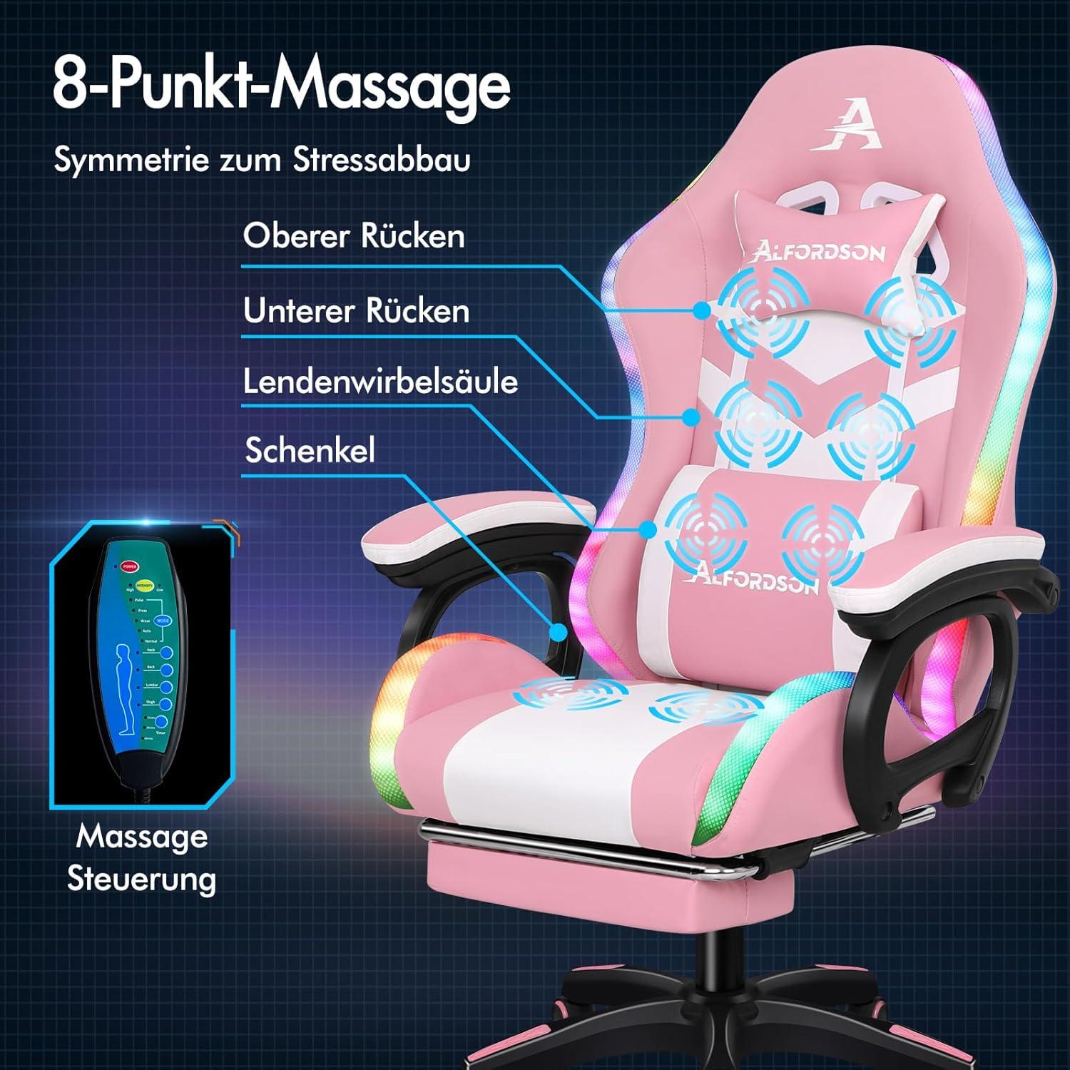 ALFORDSON Racing Gaming Stuhl mit LED RGB Beleuchtung Lordosenstütze PU Leder Rosa