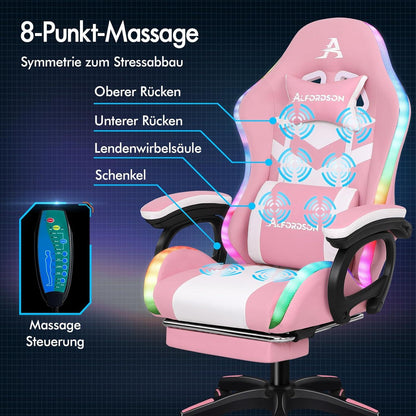 ALFORDSON Racing Gaming Stuhl mit LED RGB Beleuchtung Lordosenstütze PU Leder Rosa