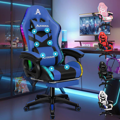 Gaming Stuhl LED Massage RGB Lordosenstütze Fußstütze PU Leder Blau