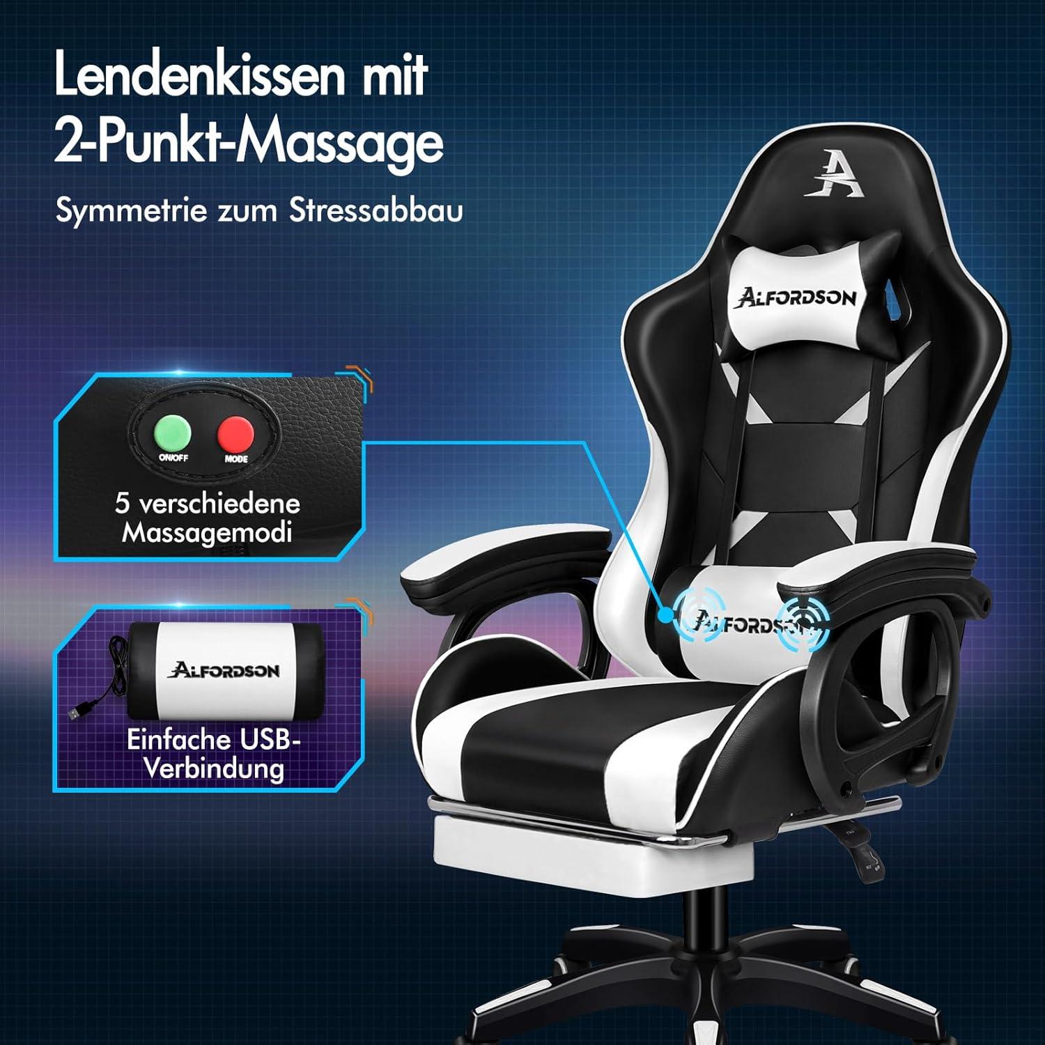 Gaming-Stuhl mit Massage Lendenkissen höhenverstellbar Weiß PU-Leder