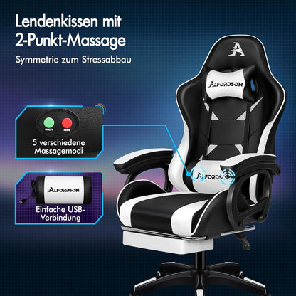 Gaming-Stuhl mit Massage Lendenkissen höhenverstellbar Weiß PU-Leder