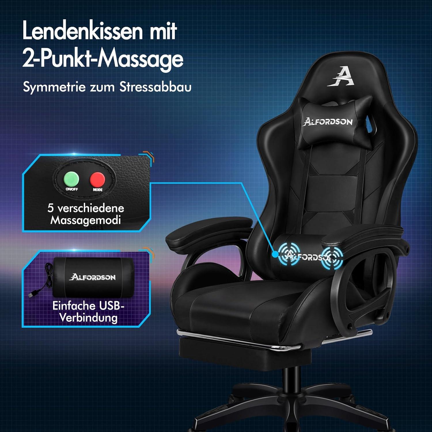 Gaming Stuhl mit Massage Lendenkissen Höhenverstellbar PU-Leder Schwarz