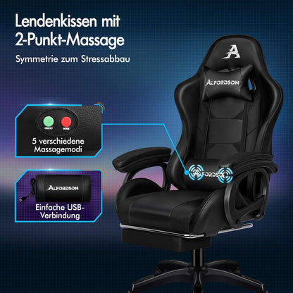 Gaming Stuhl mit Massage Lendenkissen Höhenverstellbar PU-Leder Schwarz