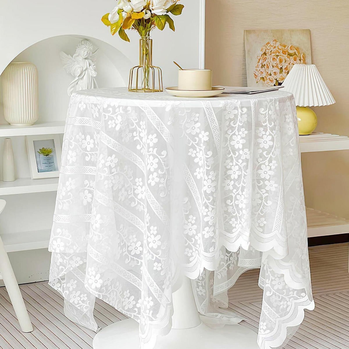 Weiße Spitze Tischdecke Rechteckig Boho Blumenstickerei