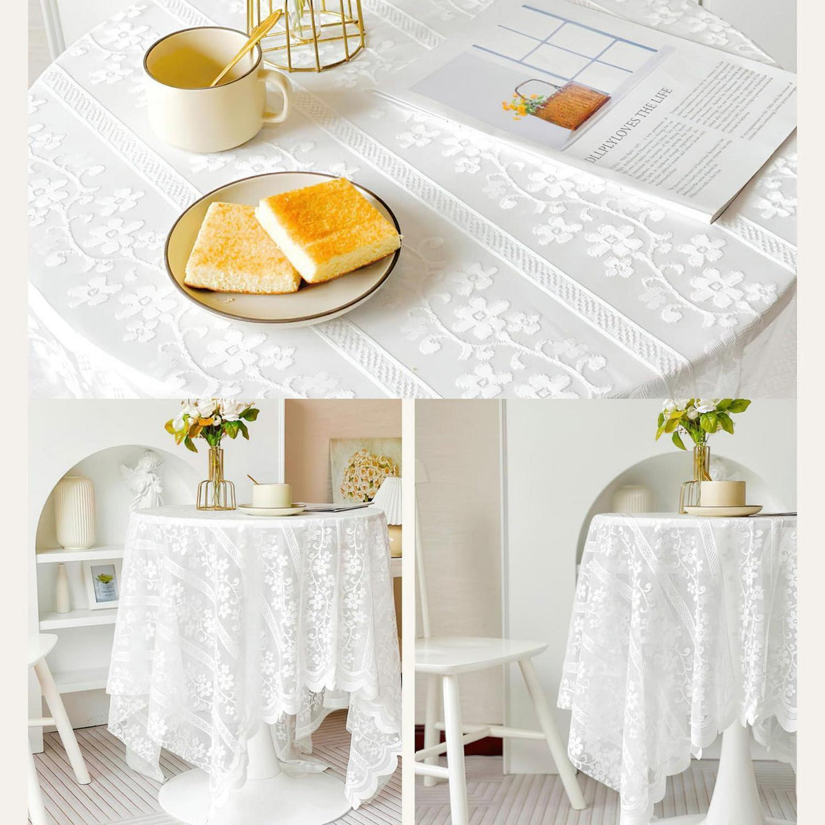 Weiße Spitze Tischdecke Rechteckig Boho Blumenstickerei